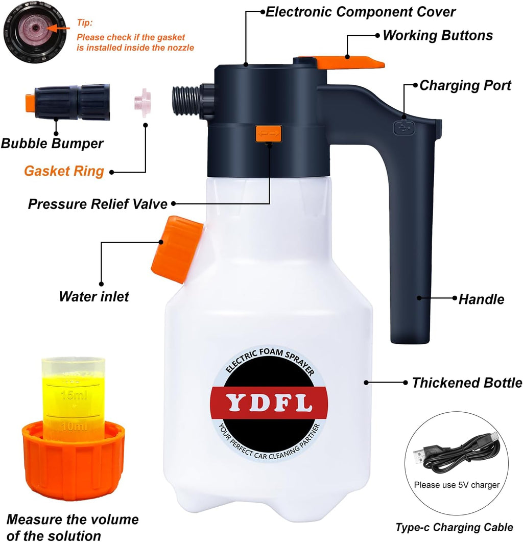 Electric Foam Sprayer,2L Pump Sprayer, Pressurized Sprayer with Charge for Home, Garden and Car Beauty and Cleaning