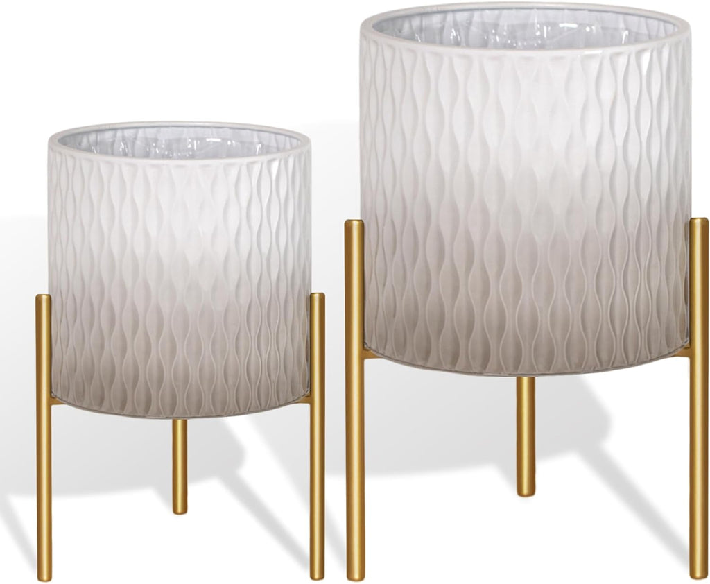 ARNIS Plants Pots with Stand, Set of 2 Indoor Planter Pots, Unique Mid Century Decorative Metal Flower Pots with