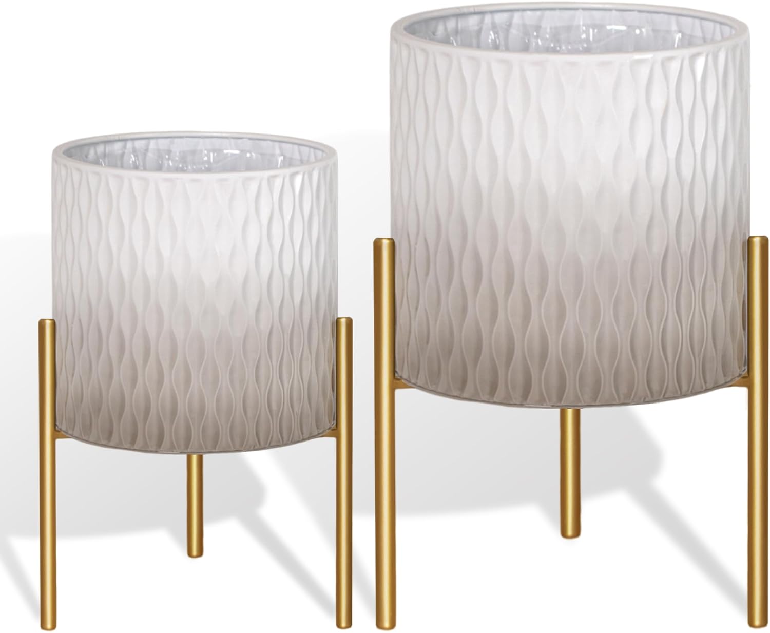 ARNIS Plants Pots with Stand, Set of 2 Indoor Planter Pots, Unique Mid Century Decorative Metal Flower Pots with