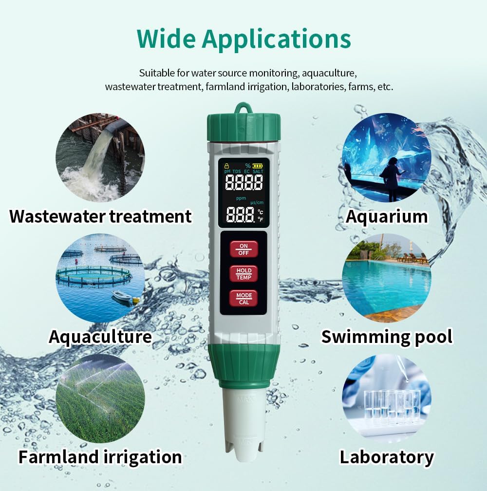 pH Meter & Pool Salt Tester, Digital 5 in 1 Salinity pH EC Temp TDS Meter for Water Quality, Waterproof Water Tester