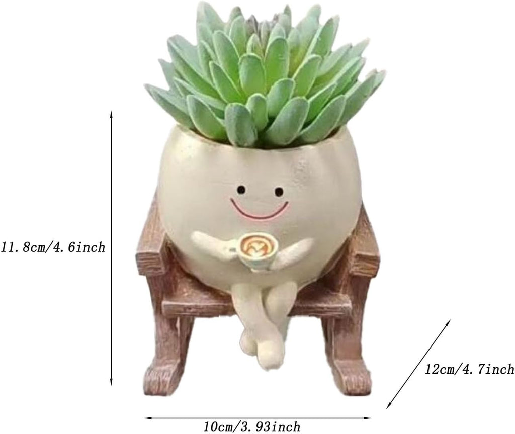 Funny Succulent Pots Rocking Chair Plant Pot With Coffee In Hand,Smily Face Planter Pot Cute Resin Flower Head Planters