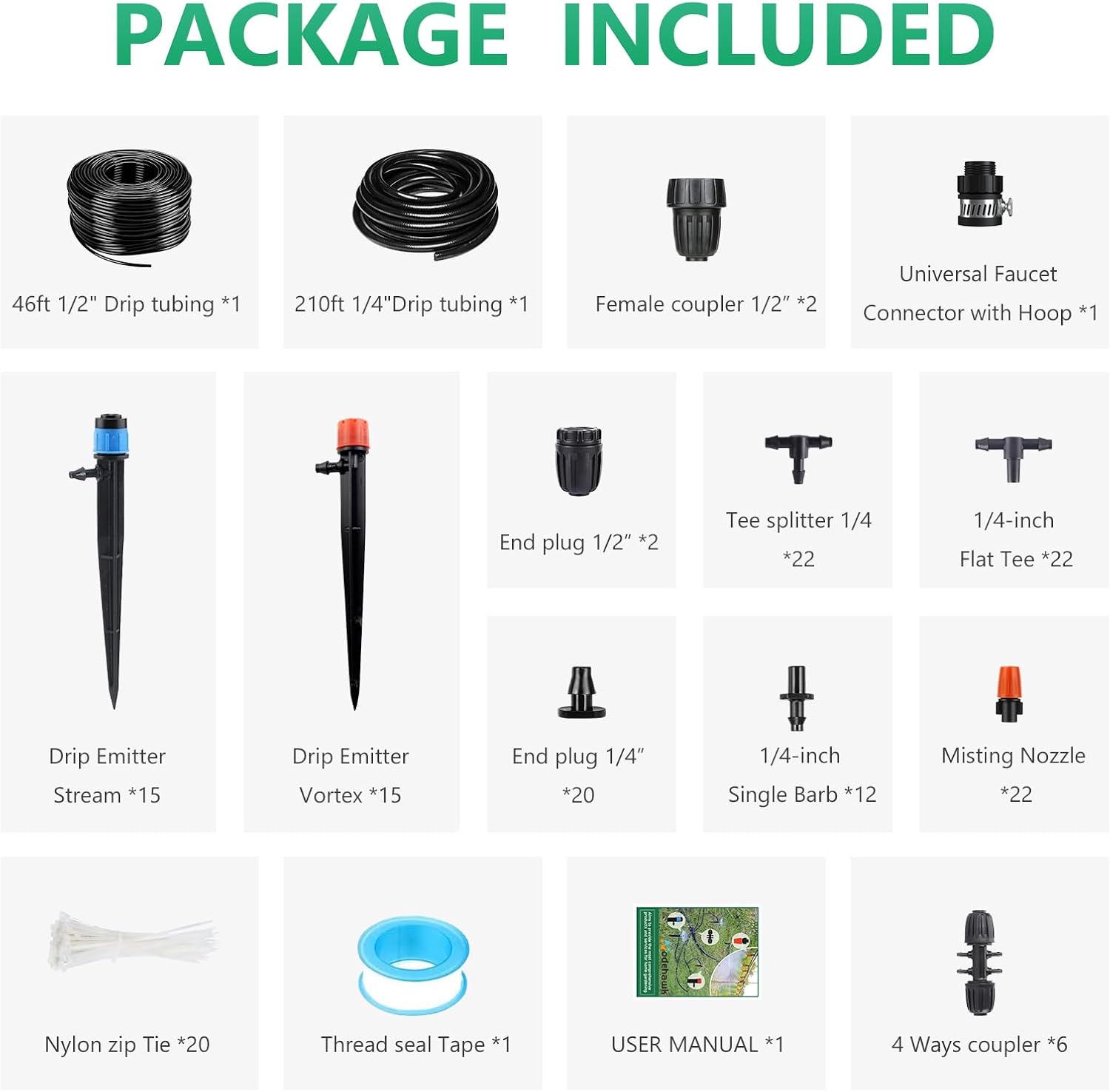 256FT Drip Irrigation System Kit, 163PCS Automatic Garden Watering Misting System with 1/4" Distribution & 1/2" Hose