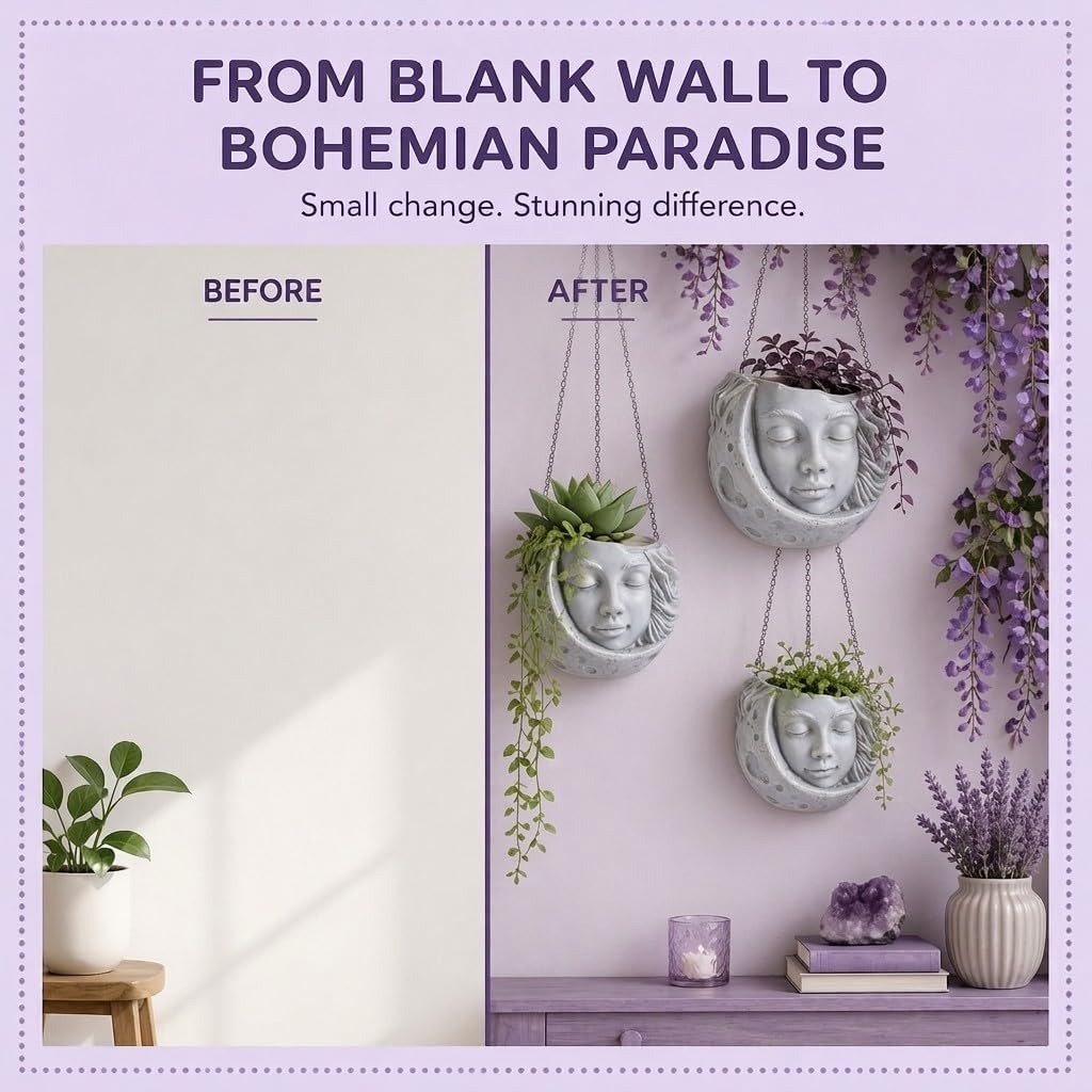 Fun & Unique Moon Face Hanging Planter Quirky Celestial Decor for Plant Lovers – Indoor Outdoor Flower Basket for