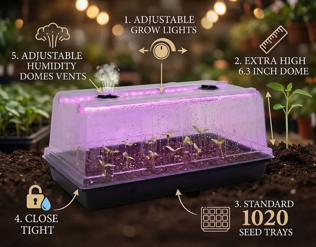 4-Pack 1020 Seed Starter Tray with Grow Light & 6.3" Tall Humidity Dome | Large Heavy Duty Plant Germination Kit for