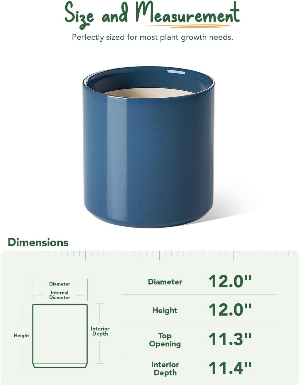 LE TAUCI 12 Inch Pot for Plants, Ceramic Planters for Indoor Plants, Mid-Century Modern Cylinder Flower Pots with