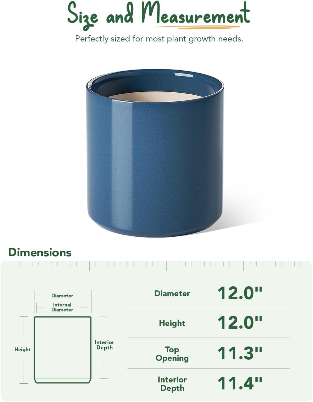 LE TAUCI 12 Inch Pot for Plants, Ceramic Planters for Indoor Plants, Mid-Century Modern Cylinder Flower Pots with