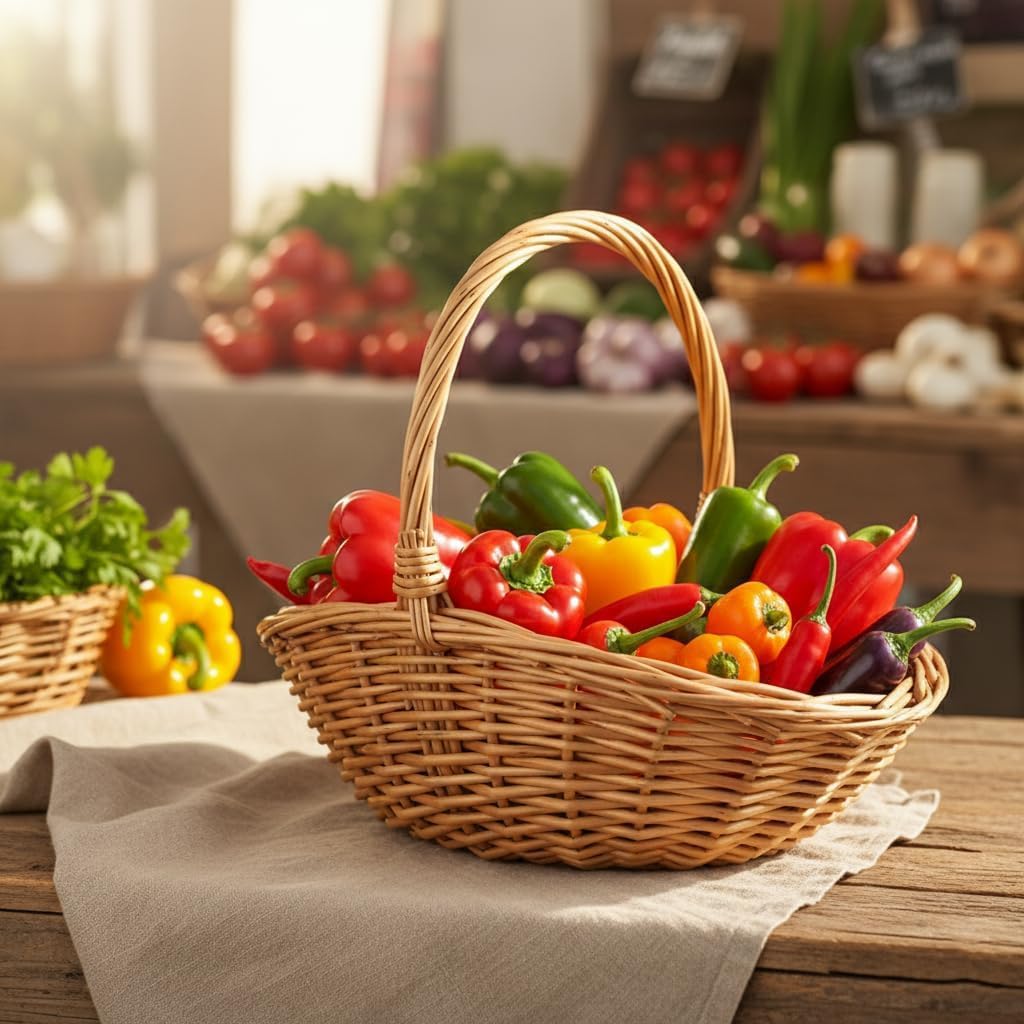 Natural Woven Willow Picnic Basket with Handle - Handcrafted Wicker Storage Basket for Picnic, Shopping, Home