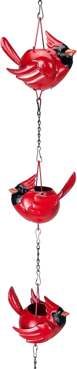 Red Cardinal Rain Chain, 85 Inch Metal with 7 Birds and Bell | Rustic Brown Finish, Three-Dimensional Designs, Each 5.5