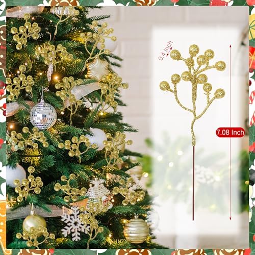 24PCS Gold Berry Stems 7.08in Christmas Tree Decorations Picks Glitter