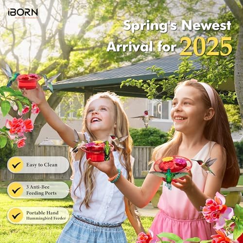 iBorn Handheld Hummingbird Feeders for Outdoors, Hummingbird Hand Feeder 3OZ Mini Bird Feeders for Outdoors,3 Bee Guard Feeding Ports, Silicone Flower, Red (Set of 1)