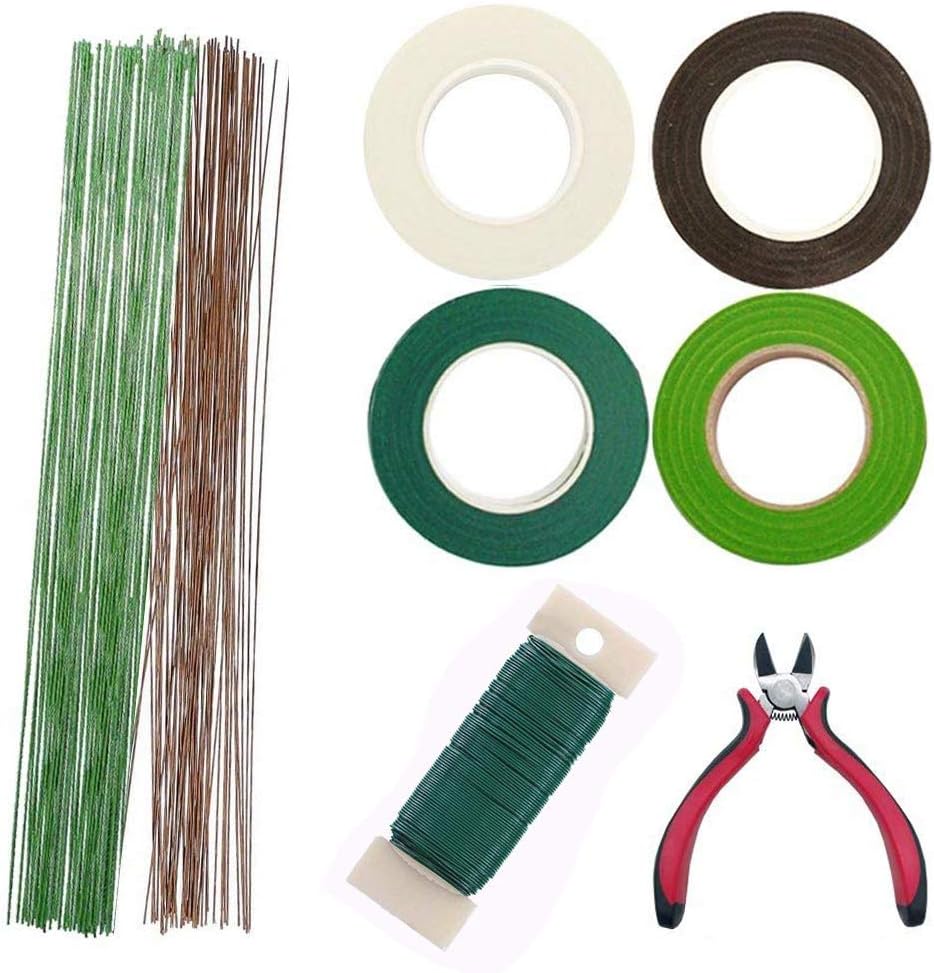 Woohome Floral Stem Arrangement Tools Kit with Wire Cutter Green Floral Tapes 26 Gauge Green and Dark Brown and White Floral Stem Wire and 22 Gauge Paddle Wire for Bouquet Stem Wrap Florist