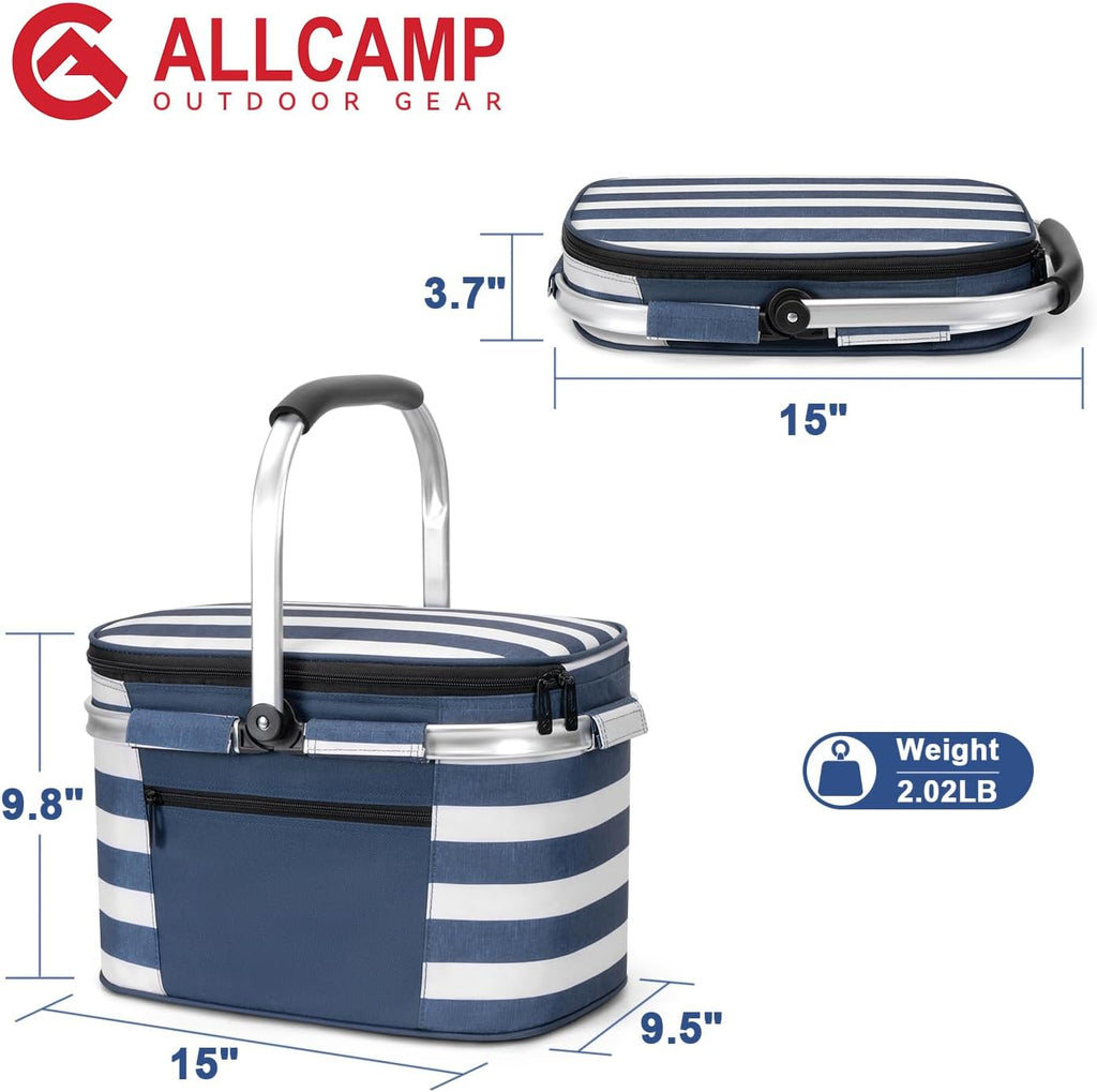 ALLCAMP Picnic Basket, 22L Insulated Cooler Foldable, Thick, Blue White | Tri-layer insulation, foldable flat, thick