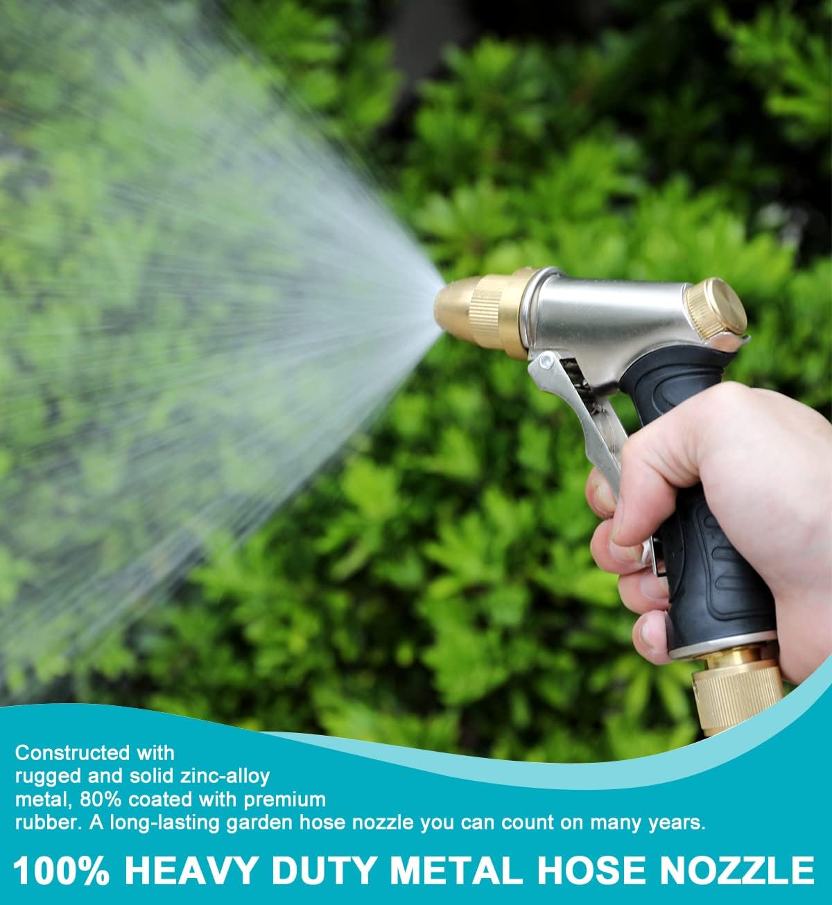 Garden Hose Nozzle, Heavy Duty Metal Brass Nozzle, 4 Spray Patterns | Full brass nozzle, ABS non-slip ergonomic grip.