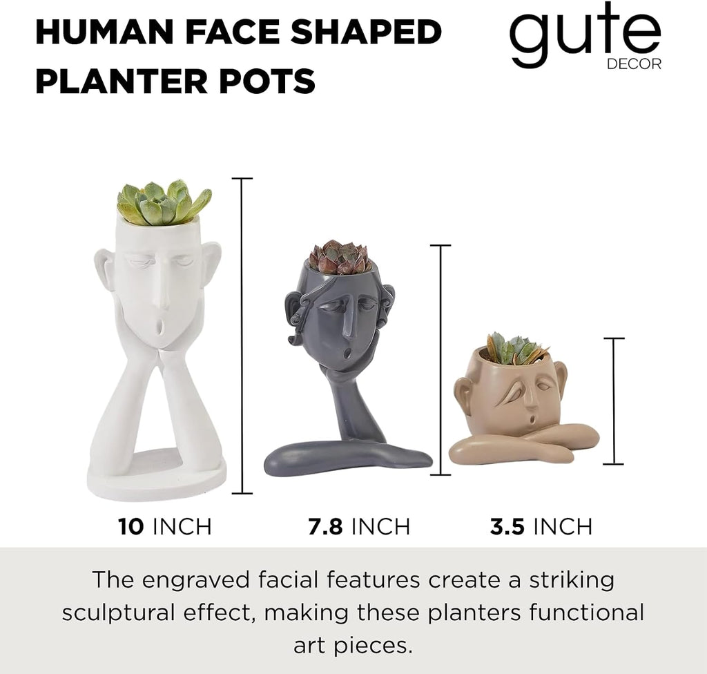 GUTE Human Face Shaped Succulent & Flower Planter Pots - Set of 3- Figurines for Garden - Indoor Outdoor Decorative