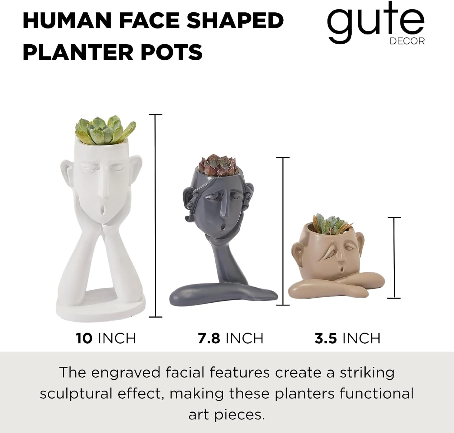 GUTE Human Face Shaped Succulent & Flower Planter Pots - Set of 3- Figurines for Garden - Indoor Outdoor Decorative
