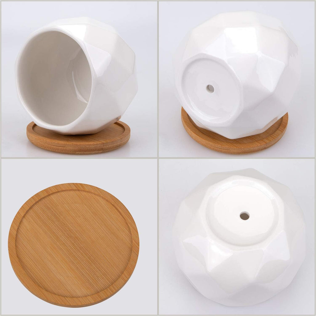 6 Pack Ceramic Succulent Planter Pot with Bamboo Tray, 4 Inch Small White Diamond Shaped Cactus Herb Flowers Planter