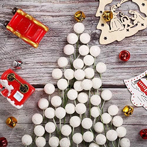 BBTO Artificial Holly Berries, 100 Pieces Mini 10 mm Fake Berries Decor on Wire for Christmas Tree Decorations Flower Wreath DIY Craft Use (Sequined White)