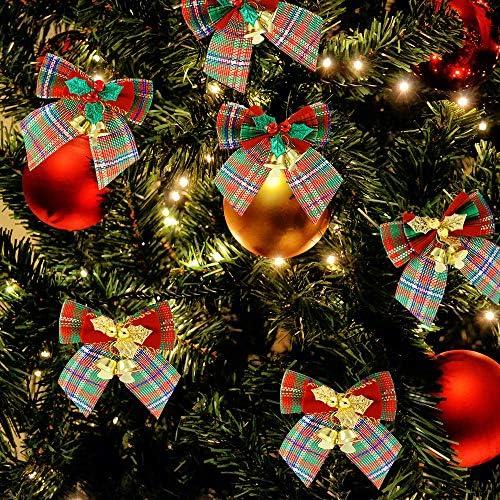 YBB 12Pcs Christmas Red Green Plaid Tree Bows with Jingle Bells