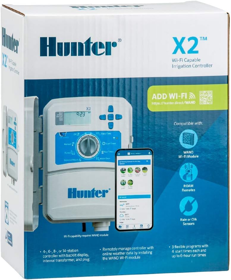 Hunter X2 4 Zone Sprinkler Controller, WiFi Compatible Sprinkler Timer