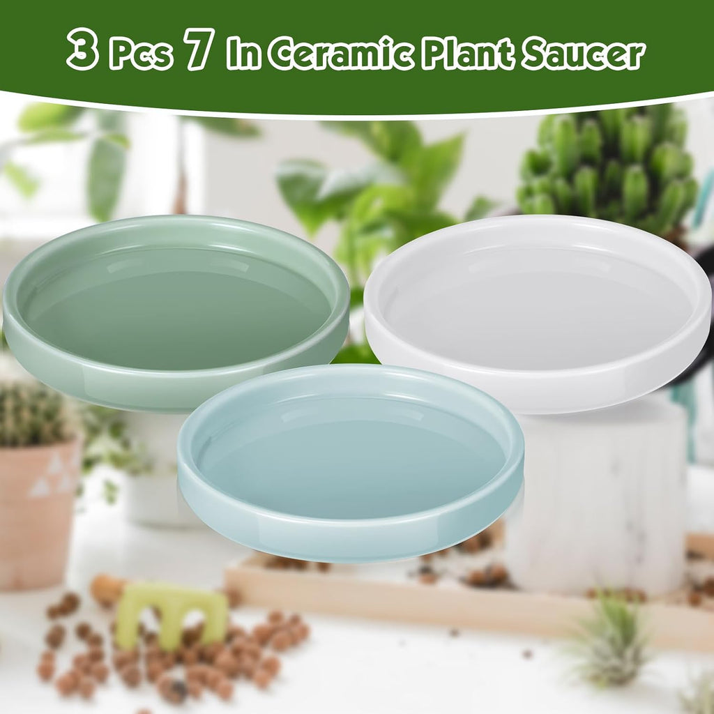 Zubebe 3 Pcs 7 Inch Ceramic Plant Saucer Round Planter Pot Drainage Tray Planter Water Drip Tray Flower Pot Saucers for