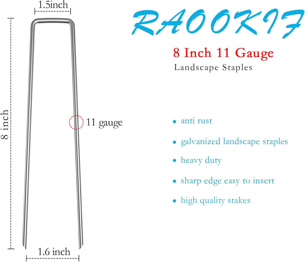 RAOOKIF 8 Inch Galvanized Garden Landscape Staples, 20/50/100/200Pcs Garden Metal Stakes, 11 Gauge Heavy Duty Ground