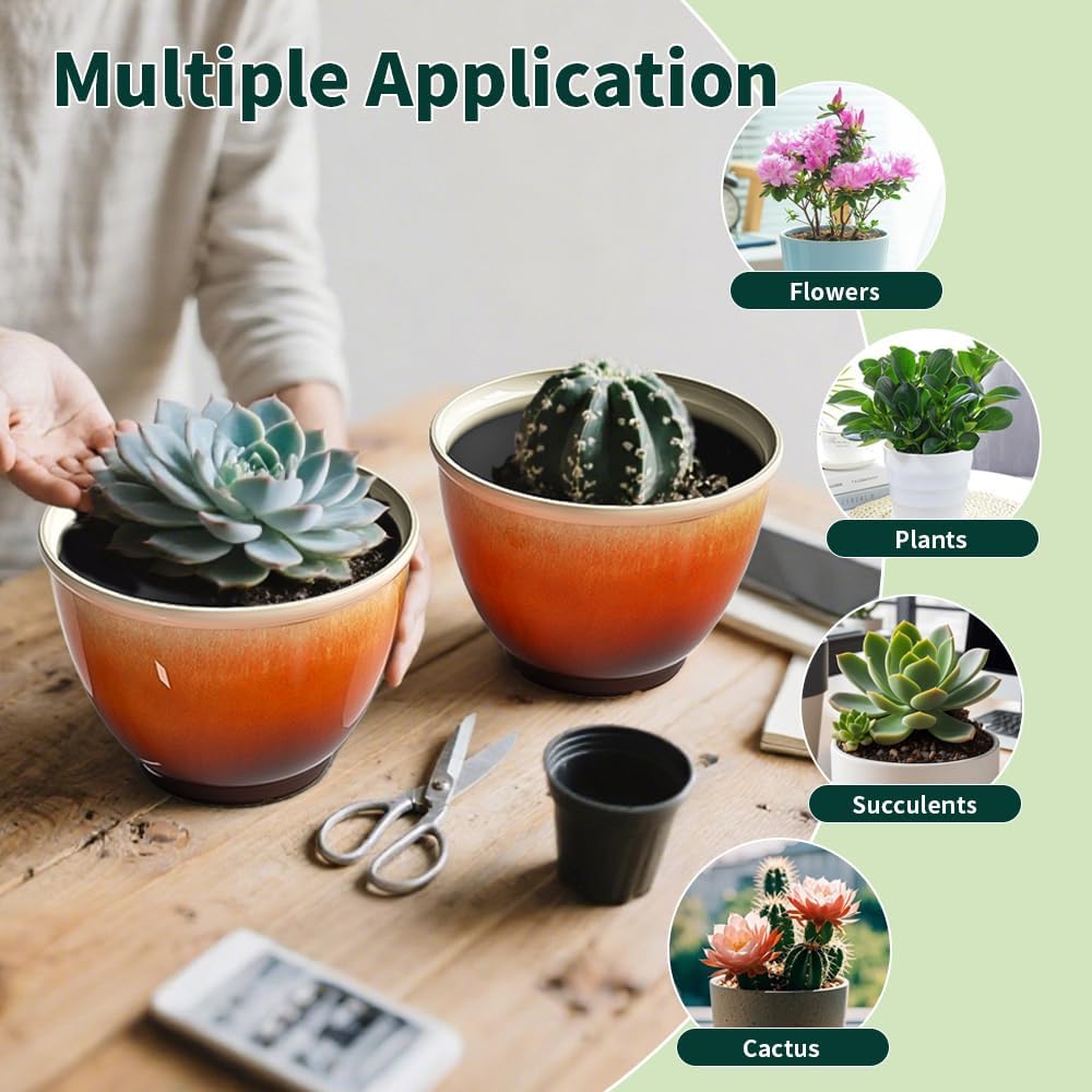 8 Inch Plant Pots Glazed Ceramic Look Planters with Drainage Hole,4 Pack | Modern Decorative Flower Pots for Indoor