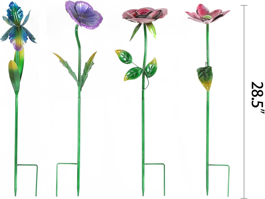 Metal Flower Garden Stake Cute Metal Flower Stick Art Ornament Decor Spring Floral Outdoor Flower Garden Stakes, 4 Pcs