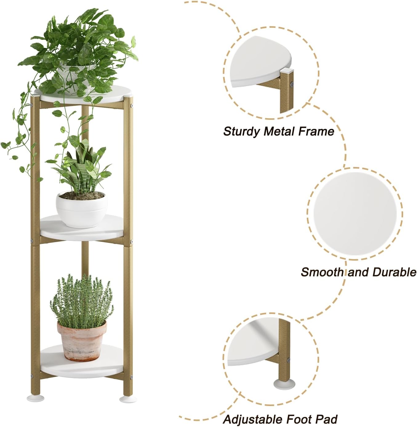 3 Tier Plant Stand Indoor Corner Tall Round Shape Plant Shelf | Modern Metal MDF board Flower Storage,Suitable tight