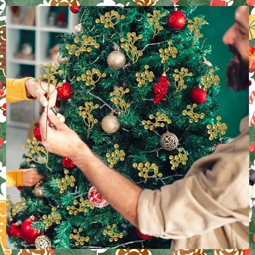 24PCS Gold Berry Stems 7.08in Christmas Tree Decorations Picks Glitter