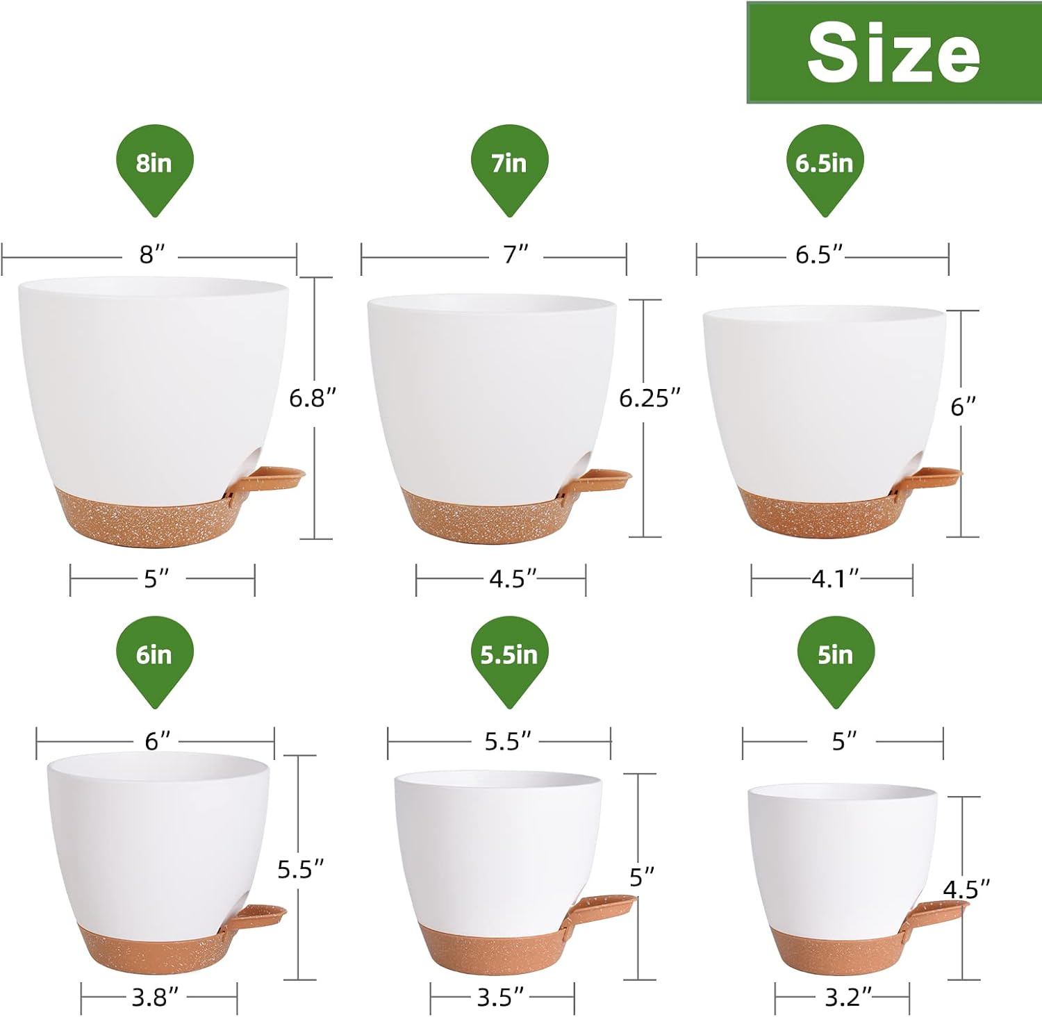 Vanslogreen Flower Pots, 8/7/6.5/6/5.5/5 Inch Self Watering Planters for Indoor Outdoor Plants with Drainage Hole