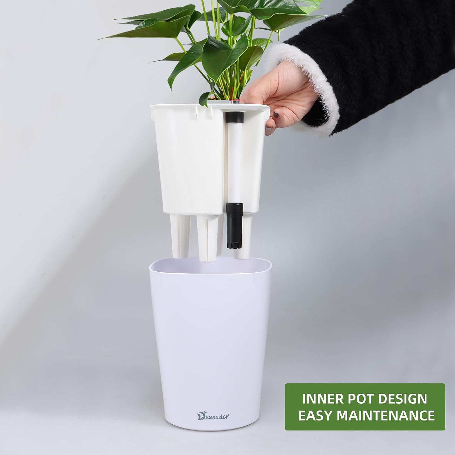Dexceder 6x7 Self Watering Planter (White) | High Gloss Table Flower Plant Pot with Water Level Indicator Indoor Outdoor