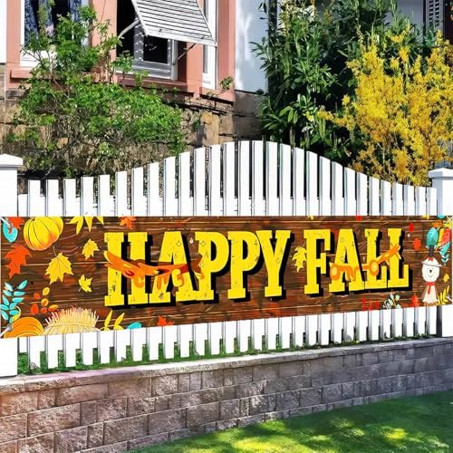 BlissYard Happy Fall Fence Banner Rustic Wood Decor 118 x 20 Inch