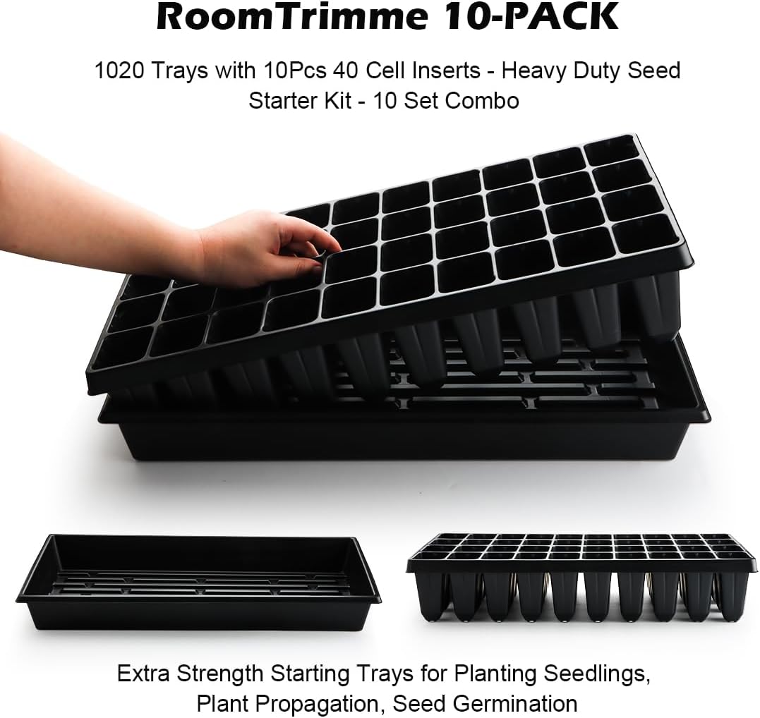 RooTrimmer 10 Pack 1020 Seed Starter Trays and 10 Pcs 40 Cell Plug Trays, Thick Durable Seedling Plastic Nursery Tray