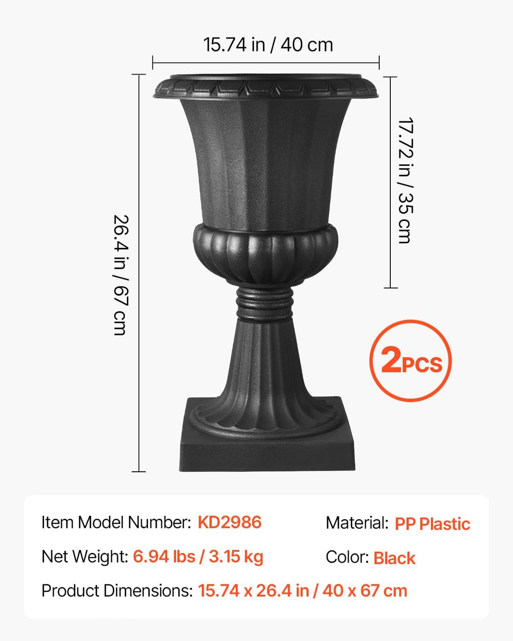 VEVOR Plastic Urn Planters, 15.8 x 26.4 Inch, 2 Pack Black Classic Flower Pots Front Porch Planters, Indoor & Outdoor