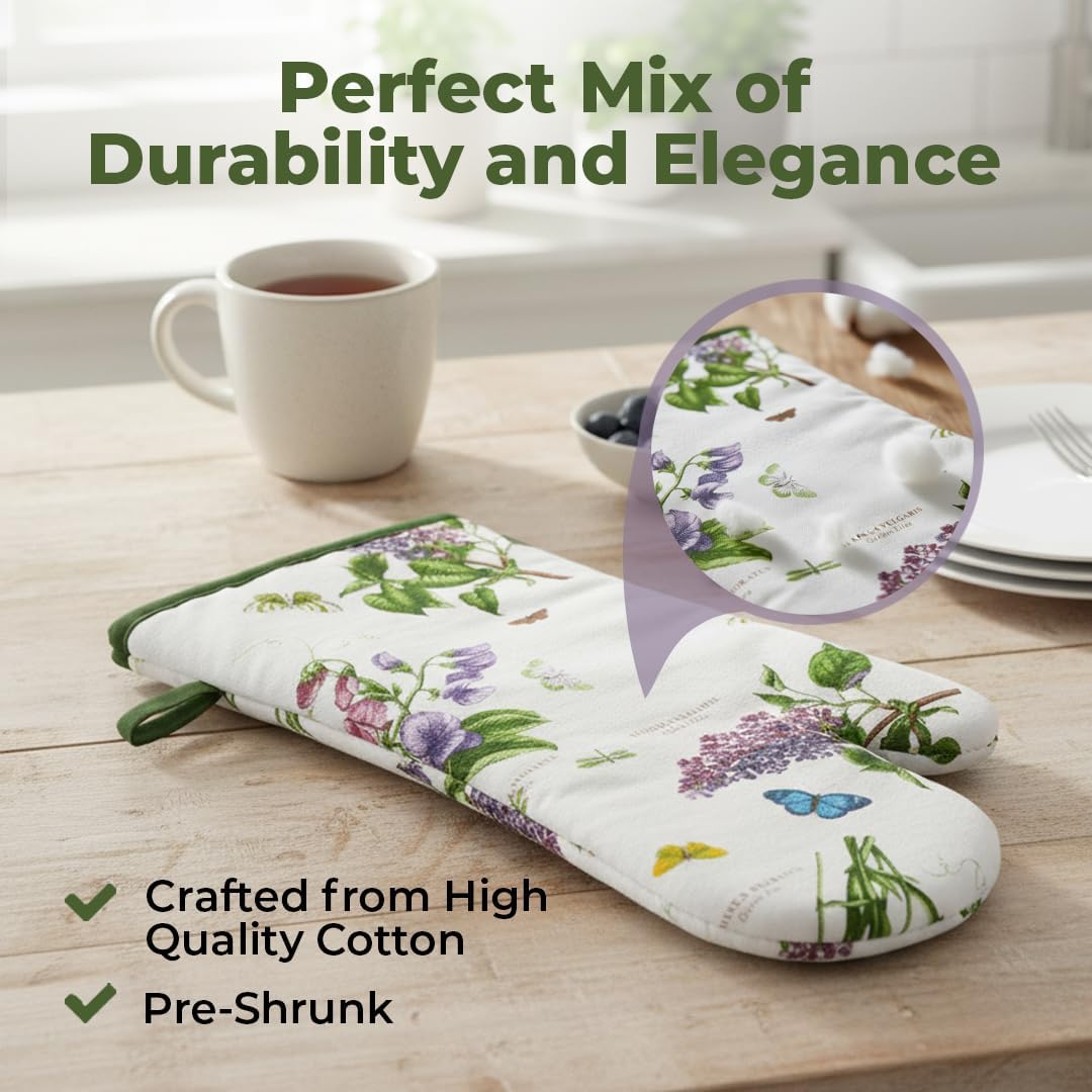 Pimpernel Botanic Garden 14.5" Gauntlet Oven Glove | Floral Motif | Cotton Textile Blend | Machine Washable | Ideal for