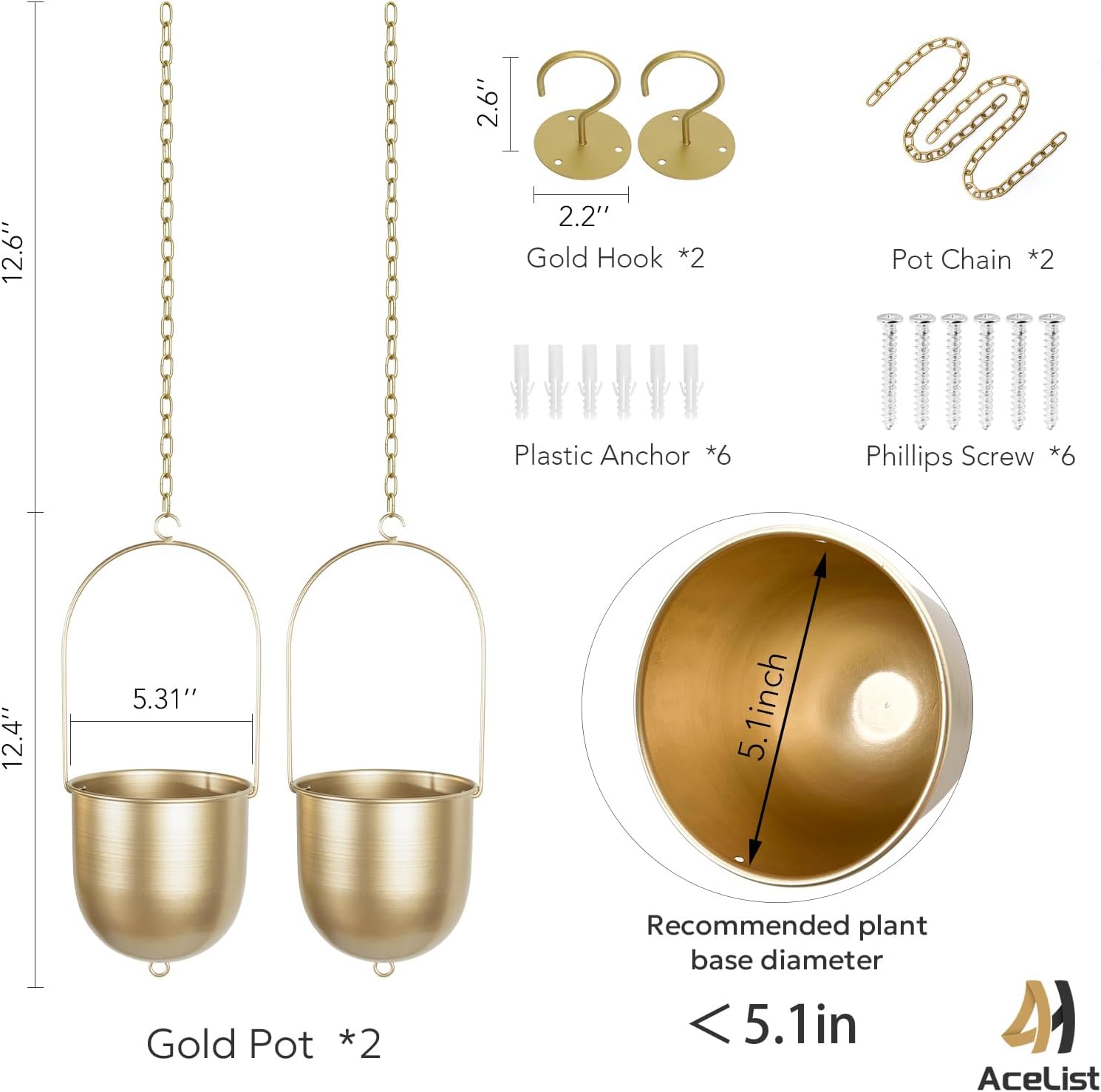 AceList Boho Hanging Planter, Set of 2 Gold Metal Plant Hanger with Hooks and Chains, Modern Wall & Ceiling Planters