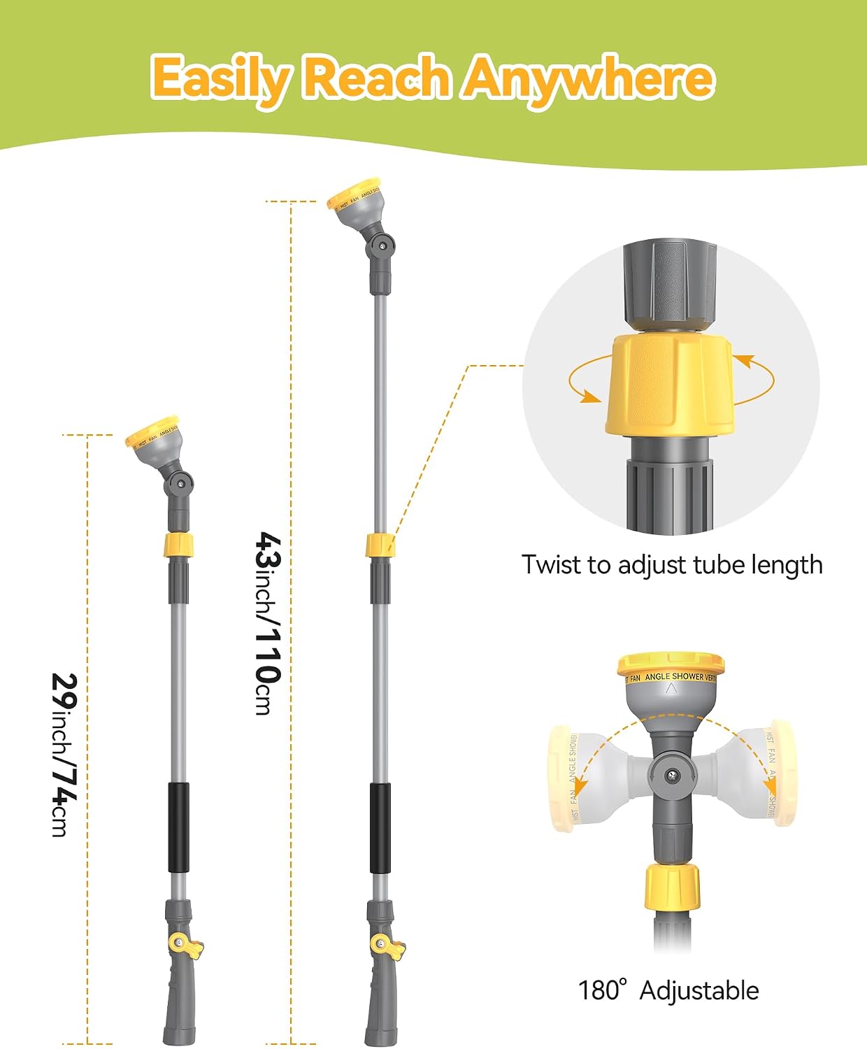 VOXON Garden Hose Watering Wand 29-43 Inch Adjustable Spray Wand | 10 Spray Patterns, 180° Swivel Head, Thumb Flow
