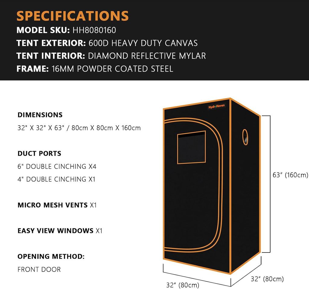 3x3 Grow Tent Kit (32"x32"x63") - Heavy-Duty 600D Diamond Mylar Lining, 98% Reflective, Viewing Window & Waterproof