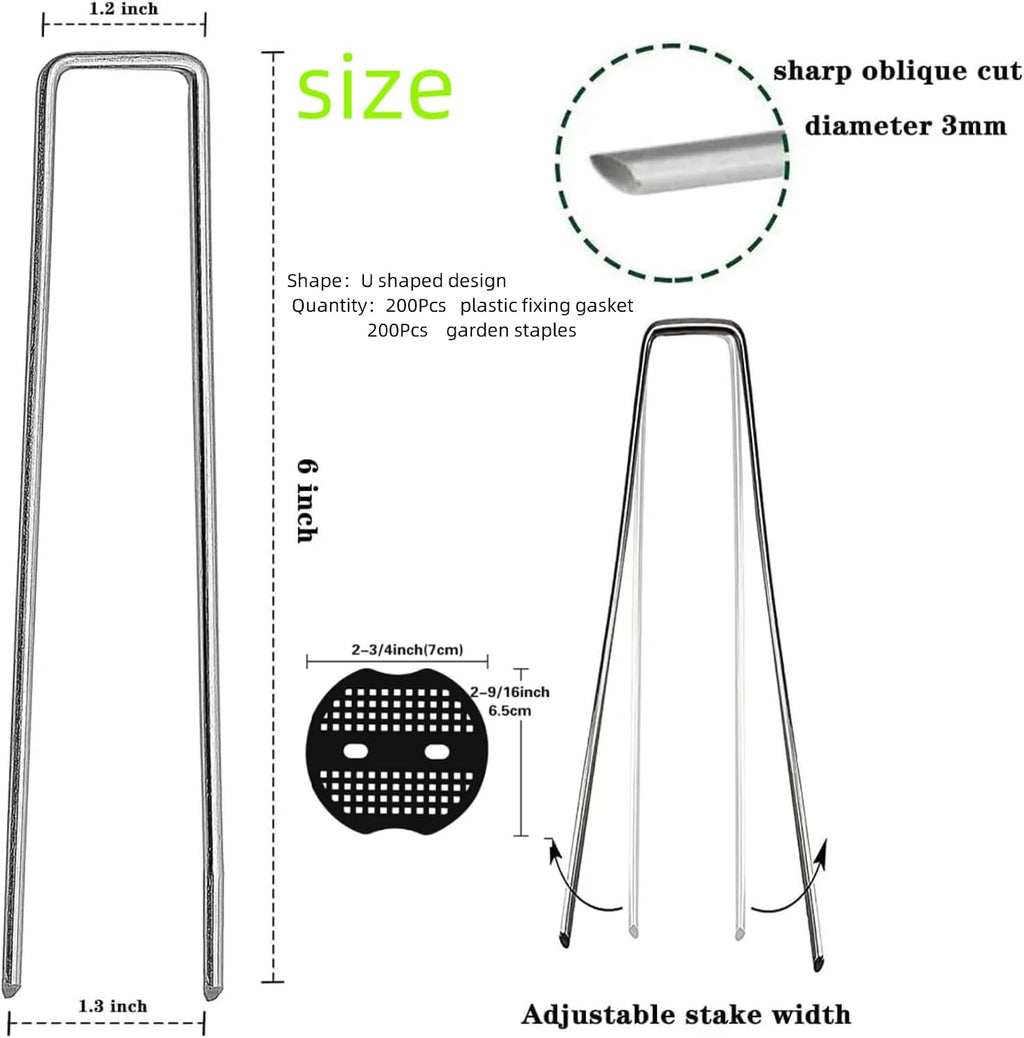 200Pcs Garden Stakes Staples + 200Pcs Gasket, 6 Inch Lawn Landscape Staples 11 Gauge U Shaped Galvanized Landscape