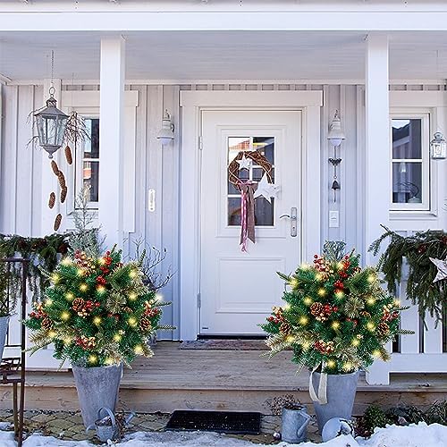 Glintoper Lighted Artificial Christmas Urn Filler, Pre-lit Xmas Pine Trees with Cones, Golden & Red Berries, Tripod Stake and 60 LED Lights, Outdoor Light Up Planter Filler Holiday Home Decor, 2 Pack