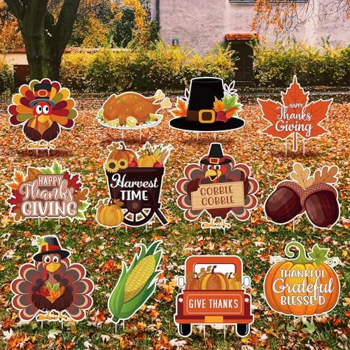Threehoney 12 Pcs Thanksgiving Yard Signs with Stakes