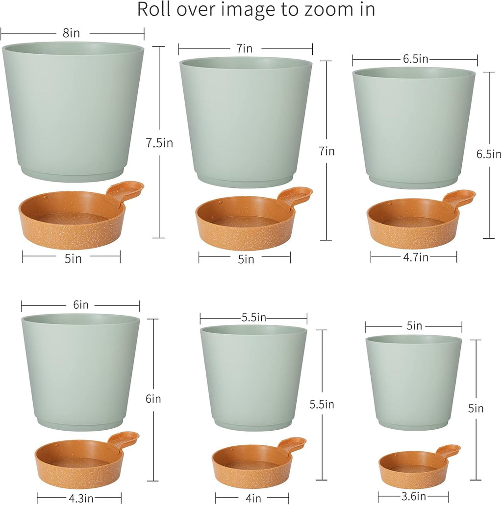 Plant Pots 8/7/6.5/6/5.5/5 Inch Self Watering Planters with Drainage Hole, Plastic Flower Pots, Nursery Planting Pot