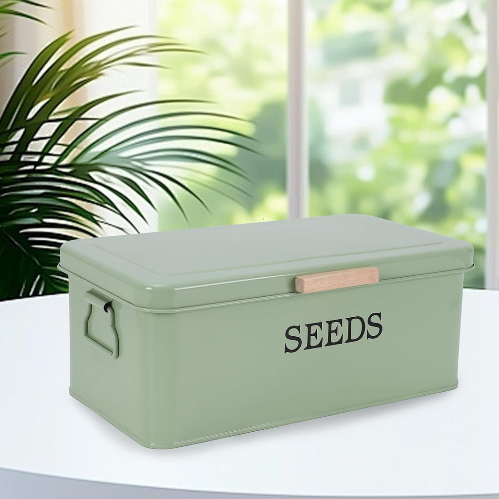 Seed Storage Organizer with 4 Dividers,Metal Seed Saving Box with Lid, Seeds Bin Storage Container Kit with 2 Pens,20