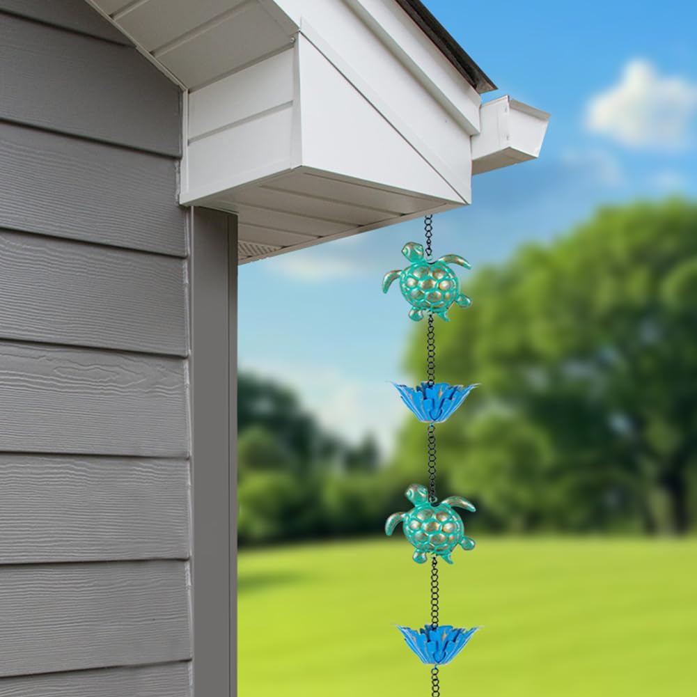 10ft Rain Chain with 16 Cups for Outside Gutters, Eaves, Drainage | Turtle & Lotus Shape, Metal Rain Chain, Adjustable