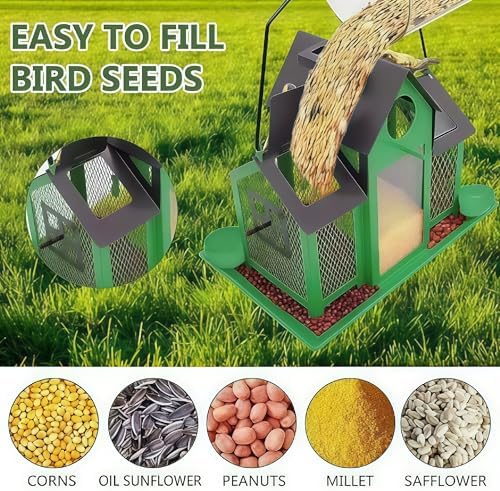 Solar Bird Feeders House for Outside Hanging, Metal Wild Bird Feeder for Outdoors Large Capacity Cardinal Birdfeeder Birdhouses Metal Bird Feeding Station Green