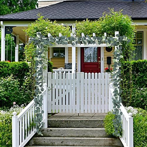 FUGZAUD 2 Pack Artificial Eucalyptus Garland Faux Silk Leaf Silver Dollar Eucalyptus Leaves Vines Handmade Garland Greenery Wedding Backdrop Indoor Outdoor Arch Wall Decoration