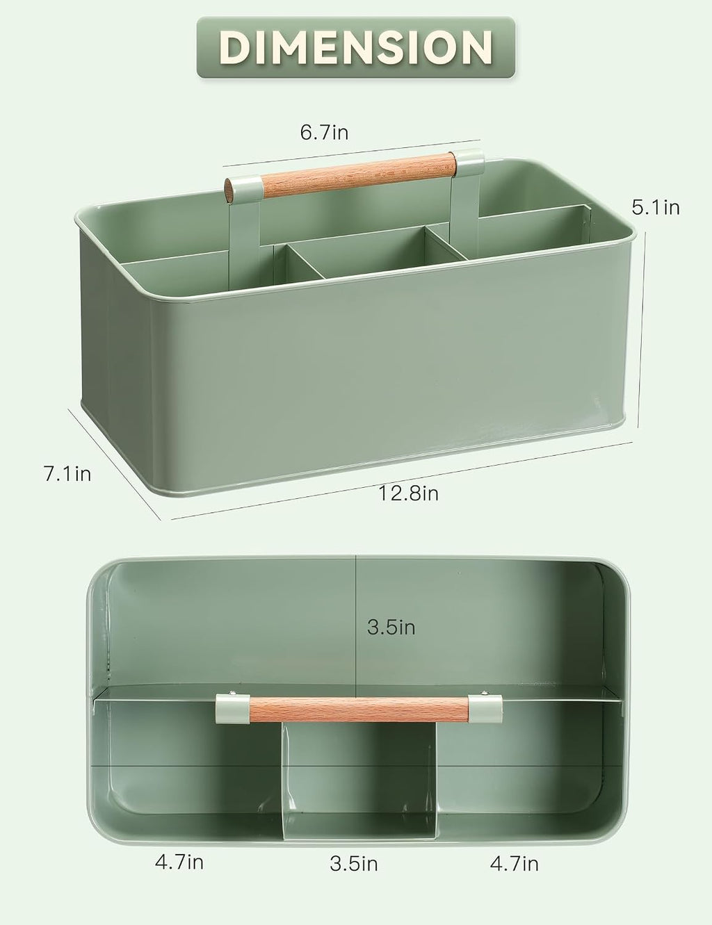 Gardening Tool Caddy, Wooden Handle and 4 Compartments | Metal Green Garden Tool Basket, Large Capacity Garden Caddy