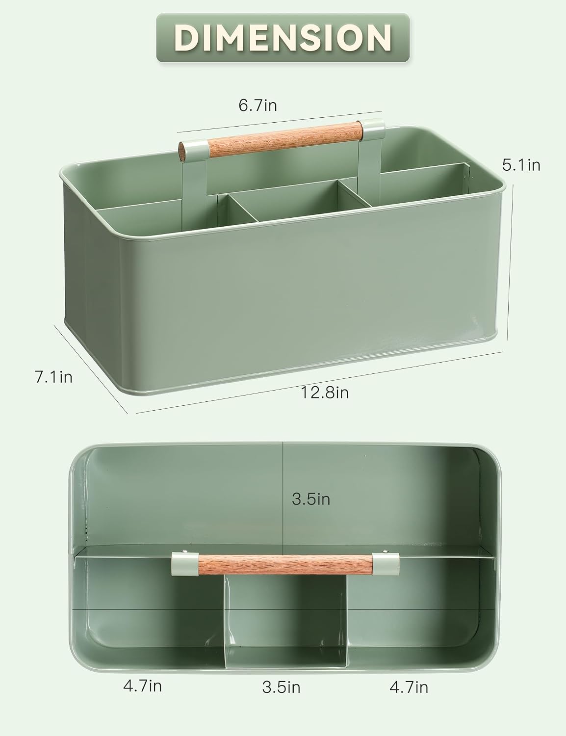 Gardening Tool Caddy, Wooden Handle and 4 Compartments | Metal Green Garden Tool Basket, Large Capacity Garden Caddy