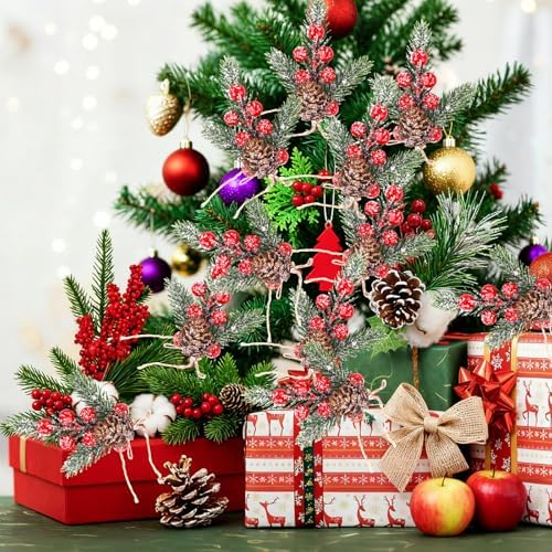 Christmas Berries Red Stems Evergreen Pine Branches 8pcs Christmas Picks Spray Artificial Pine Cones Holly Stem Craft Winter Holiday Floral Picks for Decoration DIY Xmas Garland Wreath Ornaments