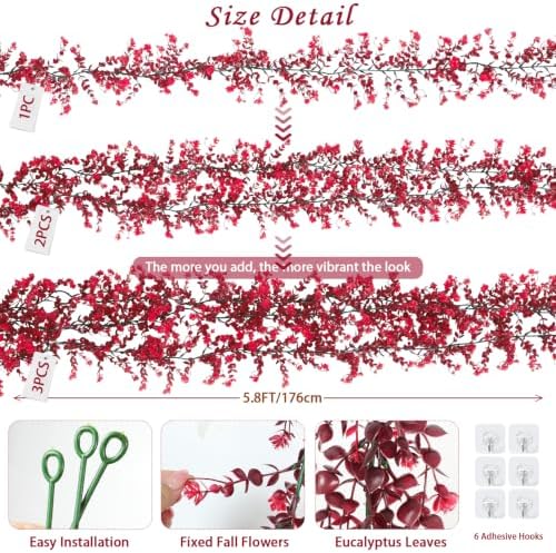 RECUTMS 3Pcs Artificial Eucalyptus Garland Fall Fake Vine Plant with Flower